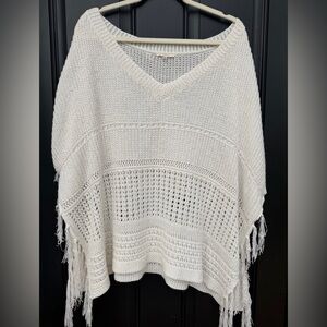 V-Neck Open Knit Poncho Sweater in Cream